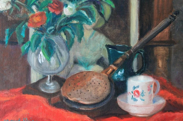 Tableau Nature Morte Bouquet dans un Vase Huile sur Toile Vintage