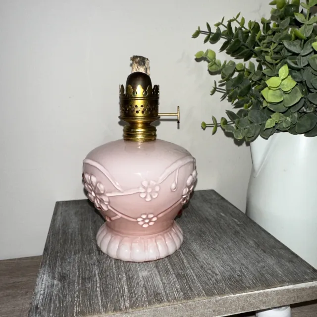 Pink Milk Glass Miniature Oil Kerosene Lamp Floral Pattern 6” Tall A1