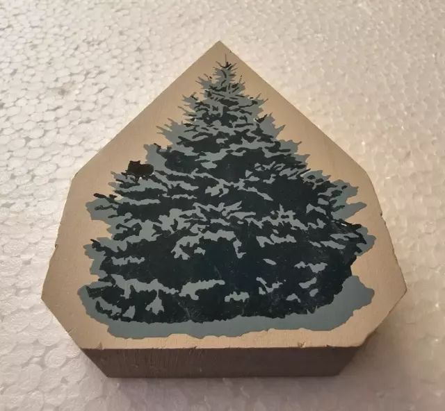 Vintage The Cat's Meow Village Wood Shelf Sitter Blue Spruce Tree 4” x 2-3/4"