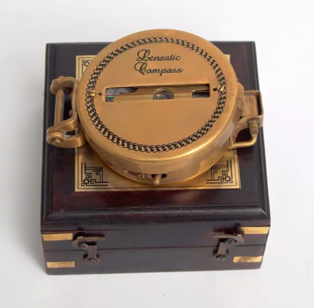 Brass lensatic compass vintage nautical military camping wood box Christmas Gift