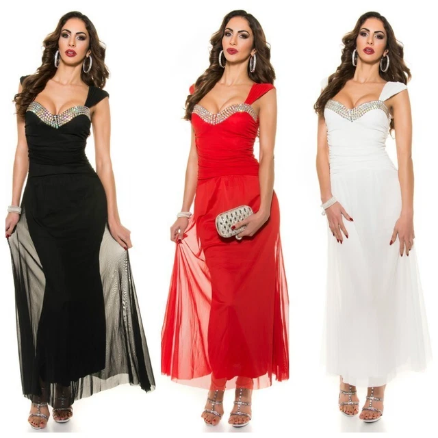 Abito donna vestito lungo elegante cerimonia da sera pizzo scollo cuore strass