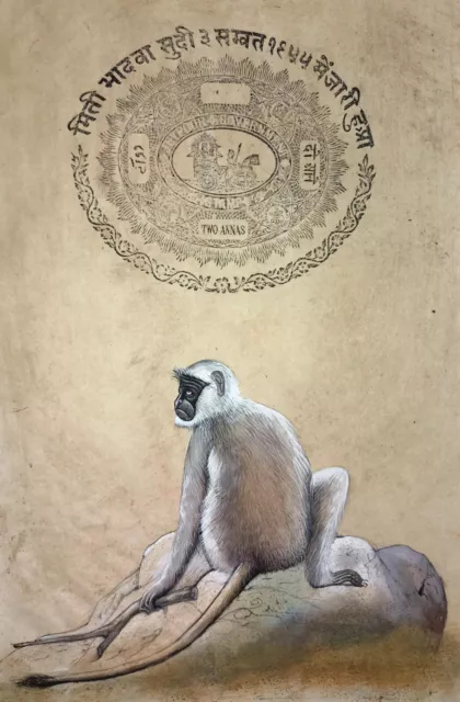 Indien Singe Animal Peinture Main Miniature Art Sur Stamp Papier PN9427