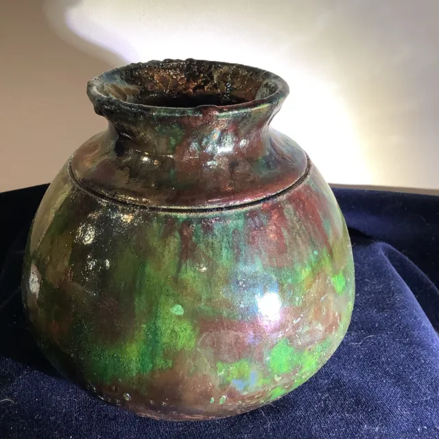 Raku Studio Pottery Multicolored Iridescent Etched Rim Signed Art Pottery Vase