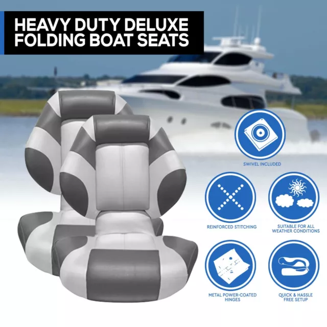 2x Premium Folding Boat Seat Seat With Swivel Pedestal All Weather Charcoal