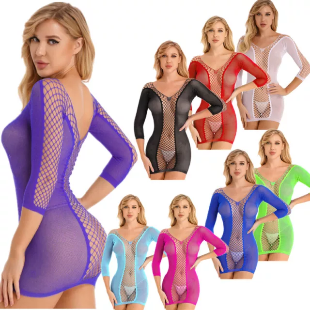 Women's Sexy Hollow Out Fishnet Mini Bodycon Dress See-through Mesh Nightdress