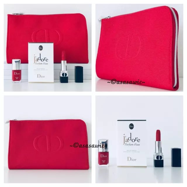 Juego de regalo DIOR + bolsa de maquillaje: lápiz labial Dior Vernis 999/Rouge Dior 999/J'adore EDP
