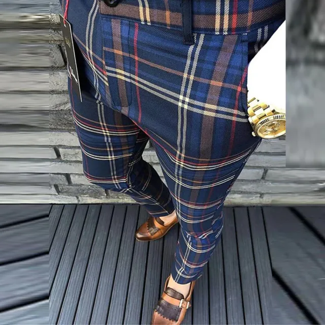 Mens Formal Smart Trousers Plaid Check Tartan Casual Office Work Business Pants/