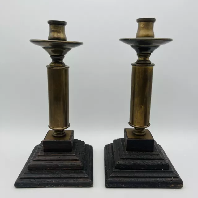 Set Of Two Vintage Candlesticks Wood & Brass Candle Holders MCM