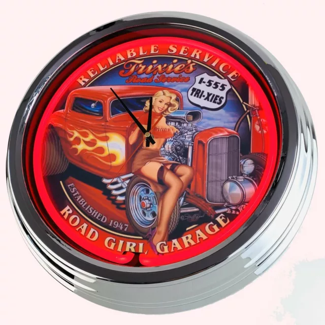 N-0679 Wanduhr "Road Girl Garage" Neon Uhr Wohnzimmer Küche Neonuhr Werkstatt