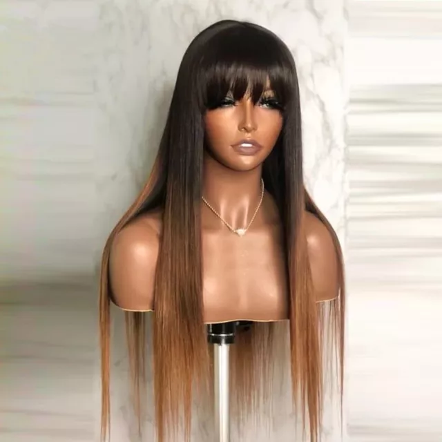 8A 250 Density Unprocesed Brazillian 1b/brown Straight Human Hair Wig With Bangs