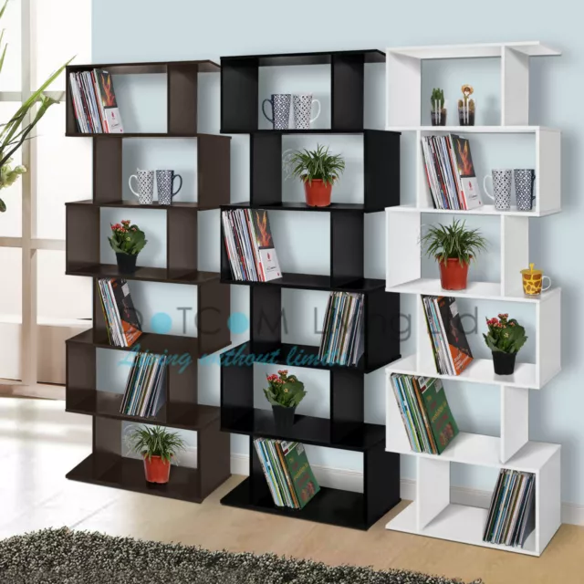 Wood Bookcase Bookshelf S Shape 6 Tier Shelves Free Shelving Storage Unit