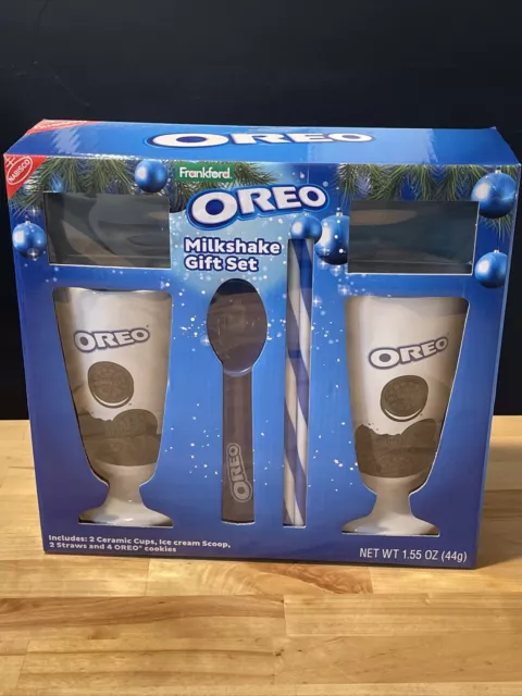 OREO Milkshake Gift Set w/ 2 Glass Mugs Ice Cream Scoop, 2 Straws NWOT Open  Box