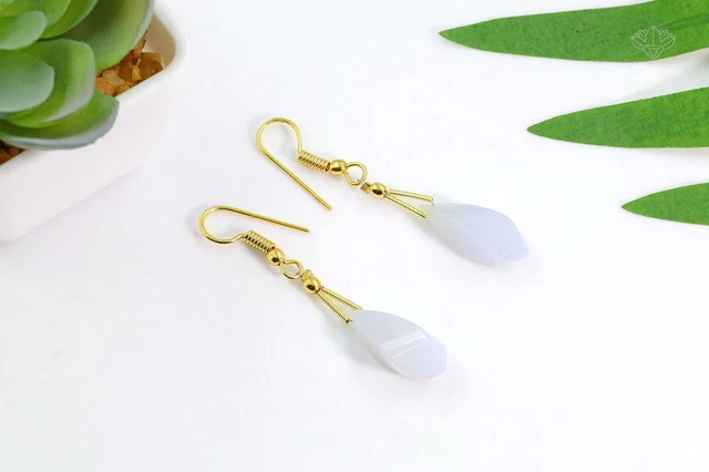 Natural Milky White and lite Blue Chalcedony Twisted Gemstone Earrings Jewelry