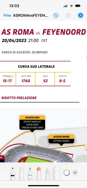 biglietto as roma feynoord 20 aprile 2023 stadio olimpico curva sud laterale