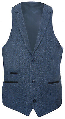 Mens Blue Classic 1920s Wool Waistcoat Tweed Herringbone Vintage Peaky Blinders