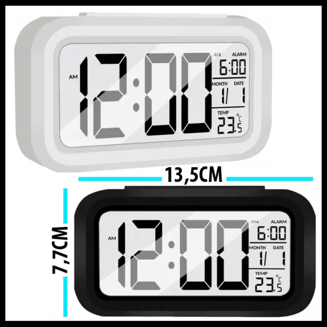 Reloj Despertador Digital, Pantalla LCD Luz, Hora, Fecha, Temperatura, 12/24H