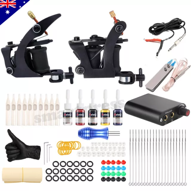 Tattoo Kit 2 Machine Gun Coil Set Power Supply with Needles Grip Tips Color Inks