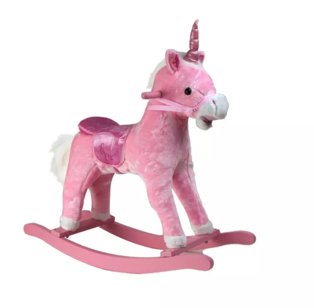 Cavallo a Dondolo ROSA in Legno e Peluche Pony Unicorno Rosa con Musica