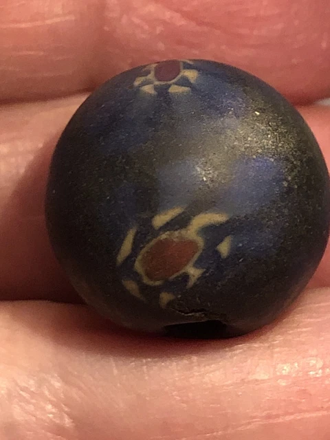 One Each Old Vintage Antique 18 mm Blue Art Glass Ancient Symbol Trade Bead