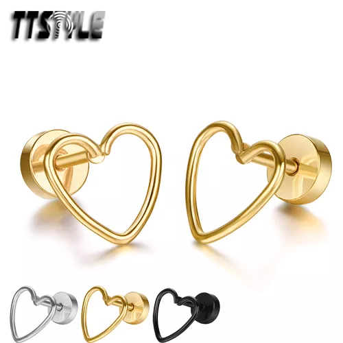 TTstyle Stainless Steel Hollow Heart Fake Ear Plug Earrings 3 Colours NEW Pair