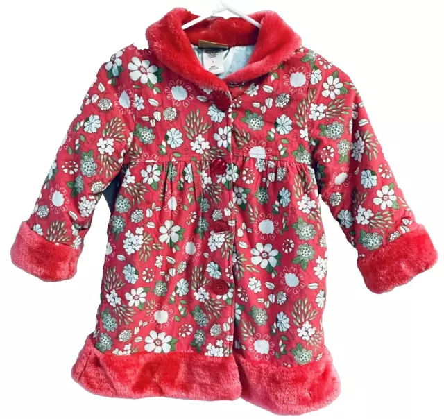 PENELOPE MACK Girl's Size 6 Pink Fuchsia Floral Corduroy Coat w/Fur Trim & Hat