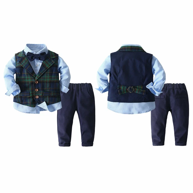 Abito da festa neonato bambino neonato camicia risvolto gilet a quadretti abito pantaloni fiocco 4 pz tuta