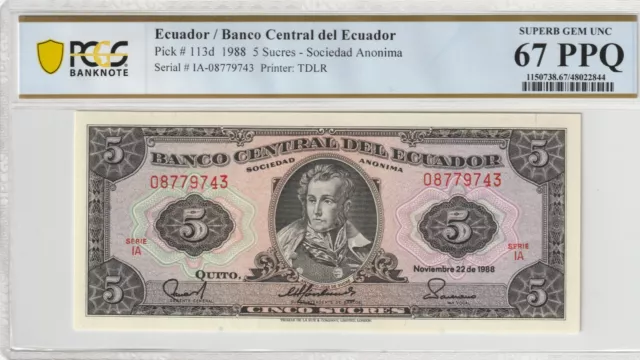 Ecuador 1988 5 Sucres PCGS Certified Banknote UNC 67 PPQ Pick 113d