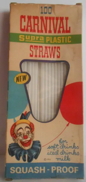 Original Vintage 1963 Carnival 100 Plastic Straws  In Box Soda Fountain Clown