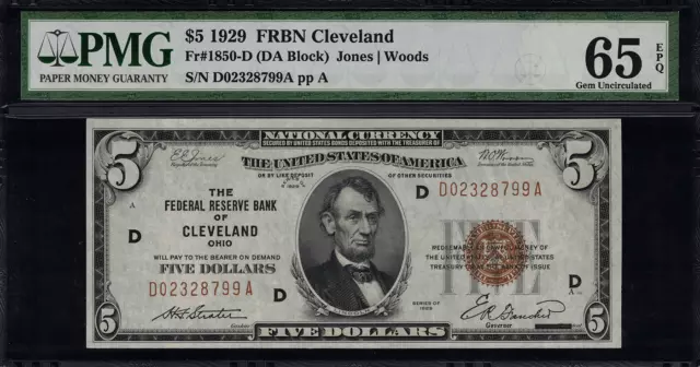 1929 $5 Federal Reserve Bank Note - Cleveland - FR.1850-D - Graded PMG 65 EPQ