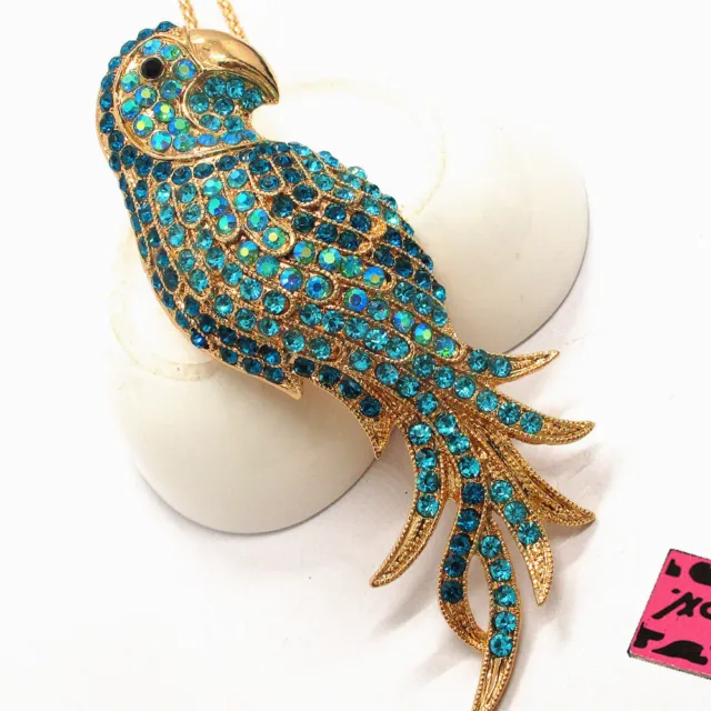 New Betsey Johnson Blue Bling Crystal Parrot Rhinestone Pendant Chain Necklace 2