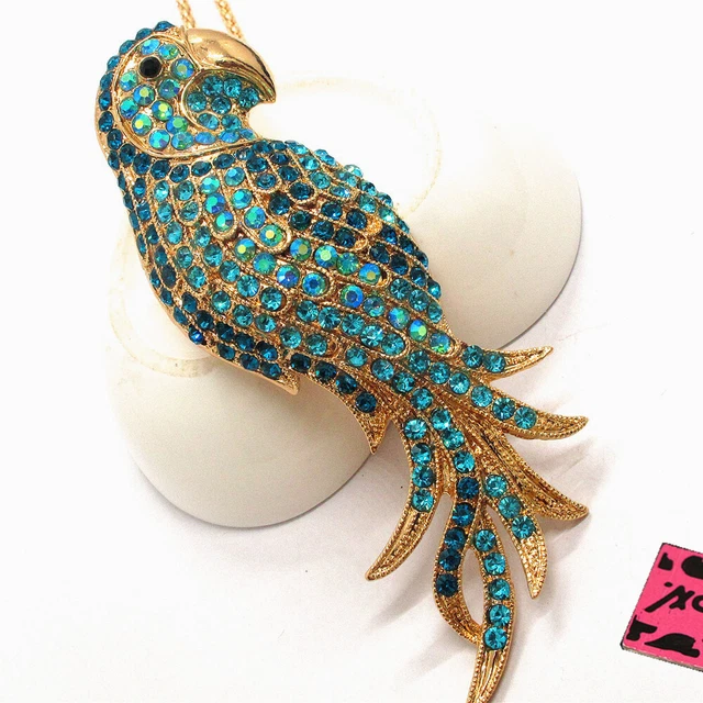 New Betsey Johnson Blue Bling Crystal Parrot Rhinestone Pendant Chain Necklace 2