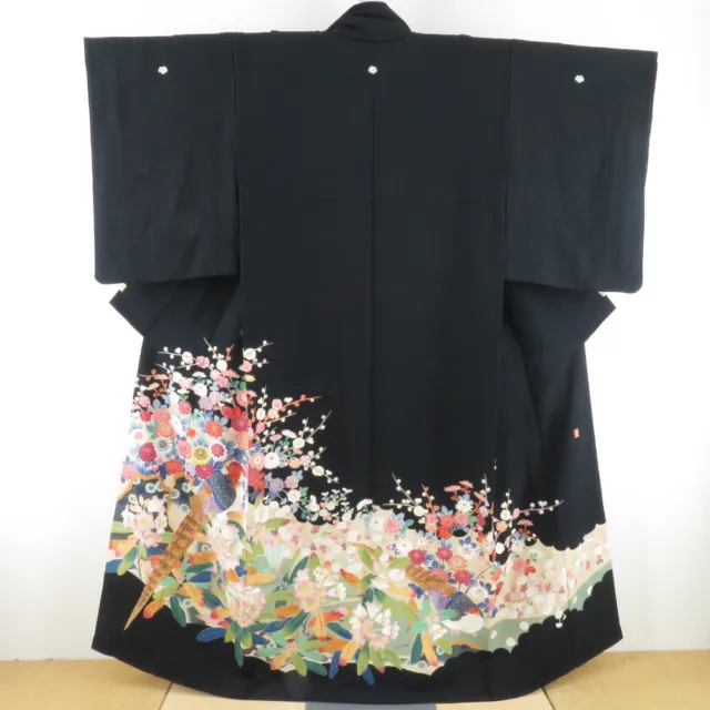 Black Tomesode Kimono Kaga Yuzen Silk Hyakkan kaho Flower and bird 62.6inch