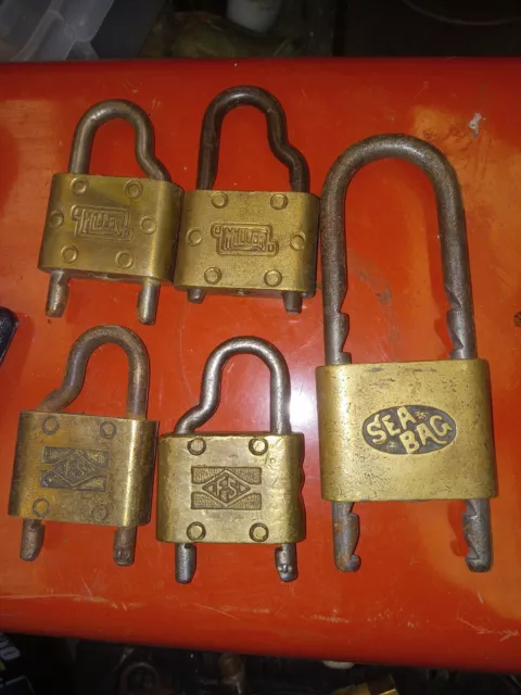 Lot 5 Vintage - Antique Brass Padlocks FS, MILLER, SEABAG NO KEYS