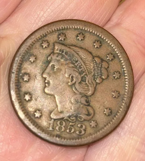 1853 US Liberty Braided Hair Large One Cent VF Coin 13 Small Stars