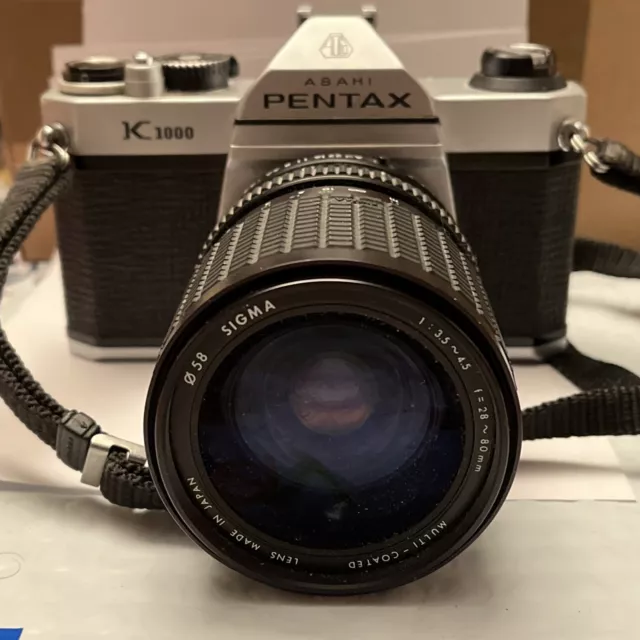 Vintage Pentax Asahi K1000 35mm Film Camera W/ SIGMA Lens 28-80 mm Tested Works