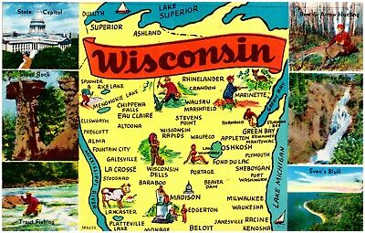 Greetings From Wisconsin Map Card Ft Lake Michigan Boat Hunting Postcard