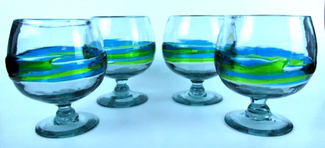 Pier One Brandy Cognac Hand Blown Snifter Glasses Blue & Green Swirl, Set of 4