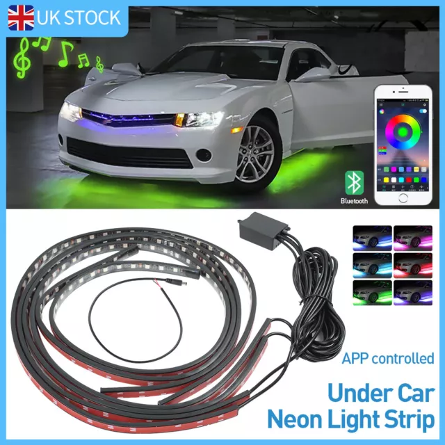 4x LED Under Car Tube Strip Underglow body Neon Light Kit Phone App Control RGB