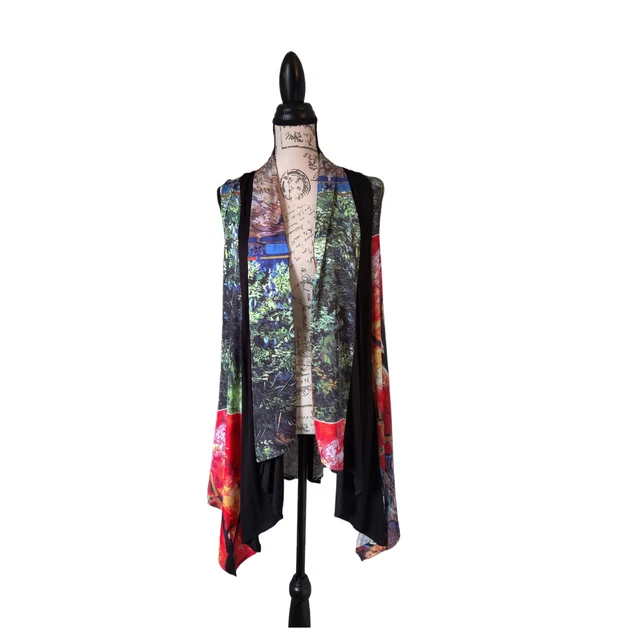 Ania A. Draped Sleeveless Kimono Vest Mix Media Open Front Printed Longline Sz M