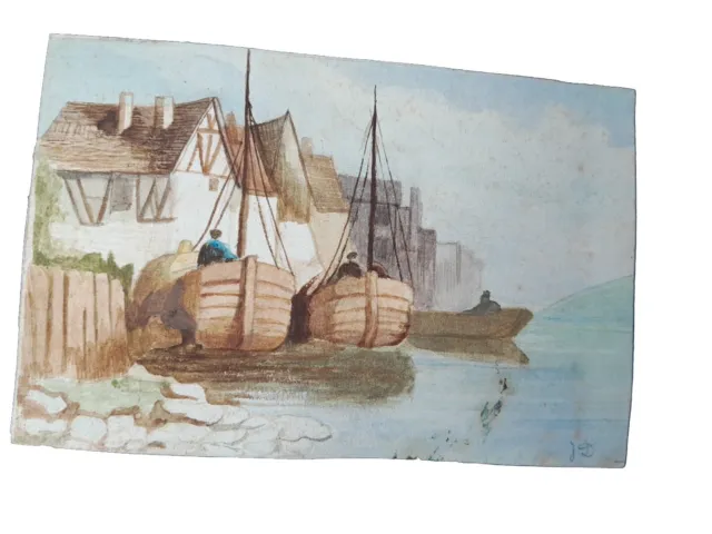 Ancienne peinture huile miniature aquarelle signée JD Marine Port old painting