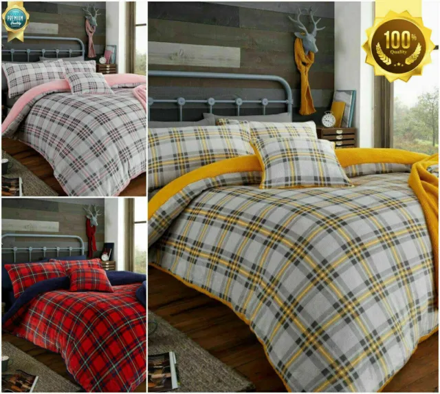 Luxury Tartan Check Teddy Duvet Cover Quilt Set Soft & Cosy Bedding Pillowcases