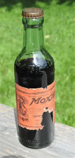 Early Moxie Paper Label 7 OZ Embossed Soda Pop Bottle Boston w/ Cap & Contents