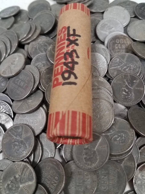 132a03 ROLL OF 50 U.S. WHEAT PENNIES 1943 WW2 LINCOLN STEEL CENTS COINS EX FINE!