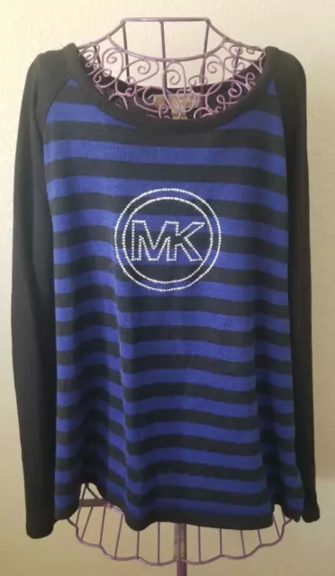 Michael Michael Kors Women's Black And Blue Striped Crewneck  Sweater SizeXL