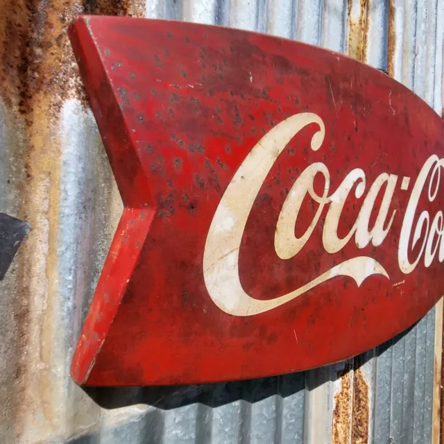 Original Coca-Cola Sign 42" Fishtail Metal Coke Cola Sign  (AM-12) 1950's