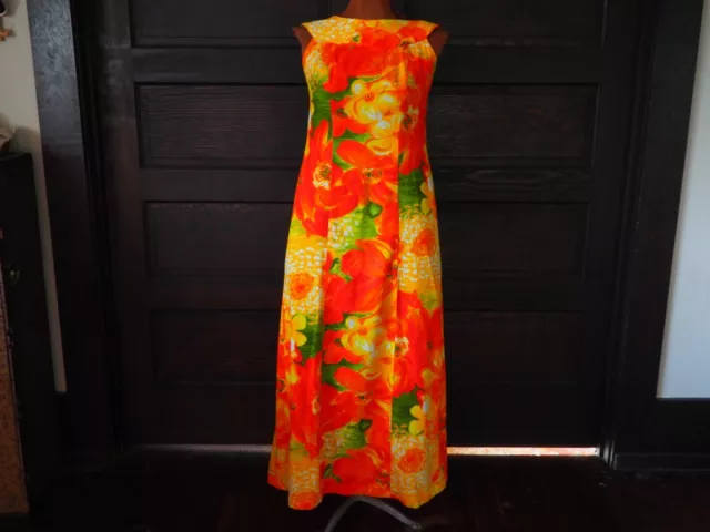 VTG 60s 70s Orange Floral Sleeveless Mod Hawaii Made Cape Back Maxi Dress M/L