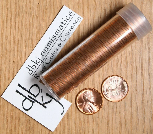 1958 D Lincoln Wheat Cent Penny Roll - 50 Red Uncirculated Coins - in a Tube