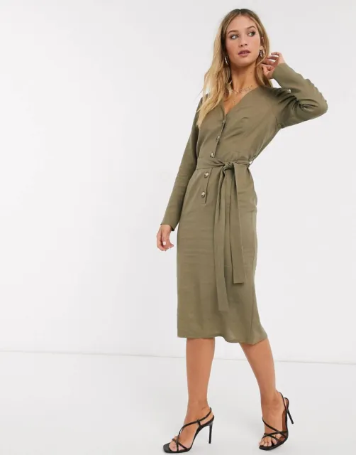 Size 16 Asos Khaki Linen Button Shirt Dress Midi