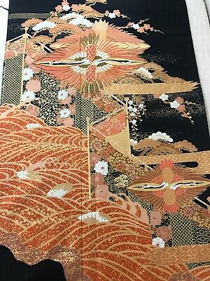 @@ Vintage Japanese kimono silk fabric/ tomesode black/ cranes, pine tree EX40