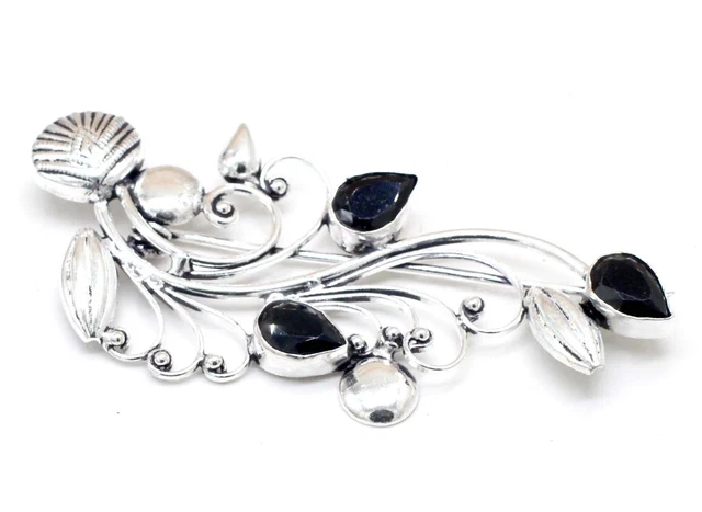 925 Sterling Silver Black Spinel Gemstone Handmade Jewelry Brooch Size-2.50''